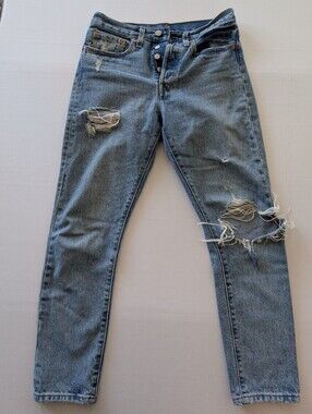 Levi's 501 - Distressed Light‎ Blue High-Rise Button-Fly Jeans - size 26